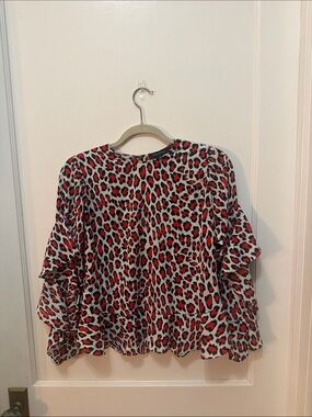 Robert Rodriguez Red Leopard Ruffle Sleeve Blouse